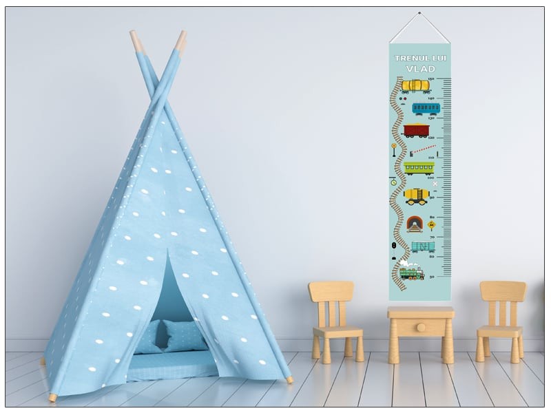 Rigla de masurat inaltimea, pe panza canvas, cu trenulete, personalizata cu un mesaj | Little Train