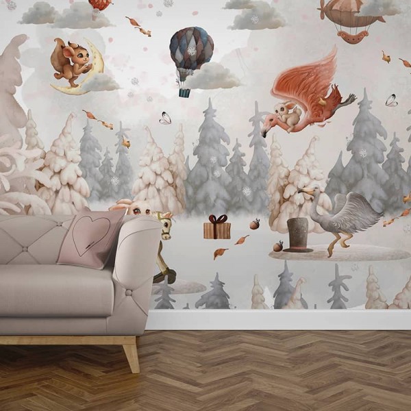 Foto Tapet Camera Copiilor cu baloane cu aer cald, iepurasi