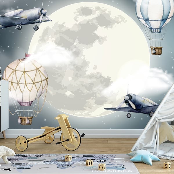 Foto Tapet Camera Copiilor Luna Stele Avione Baloane cu aer cald