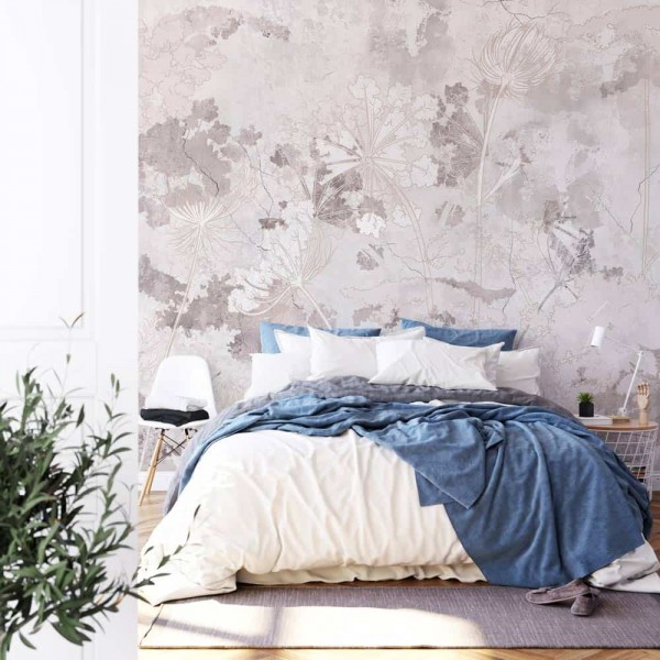 Tapet flori roz -gri abstracte