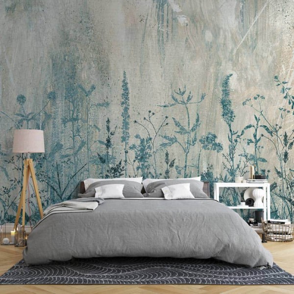 Tapet flori albastre - fundal tonuri gri