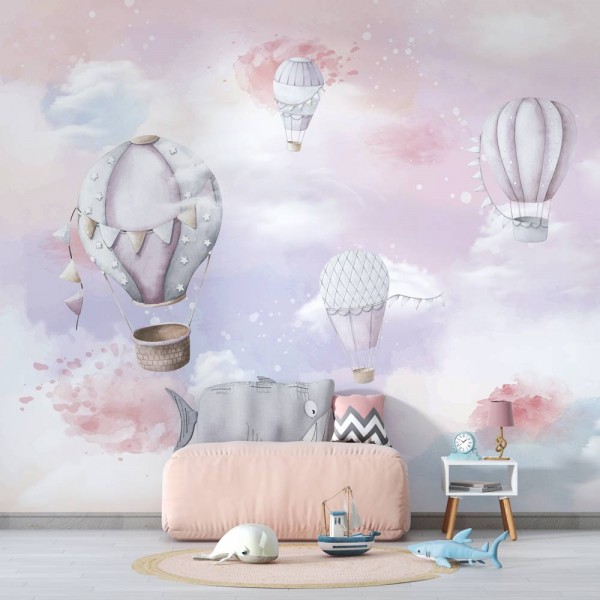 Tapet pentru copii nori si balaone pastel
