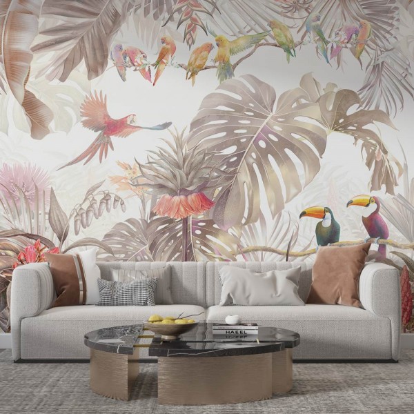 Tapet frunze exotice si papagali in tonuri pastelate