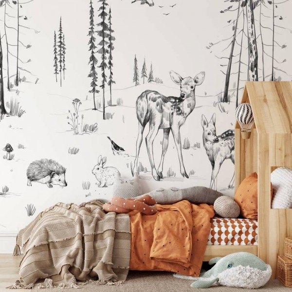 Tapet animale padure monocrom alb negru