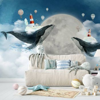Tapet camera copiilor luna, balene