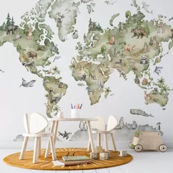Tapet pentru copii harta lumii cu animale