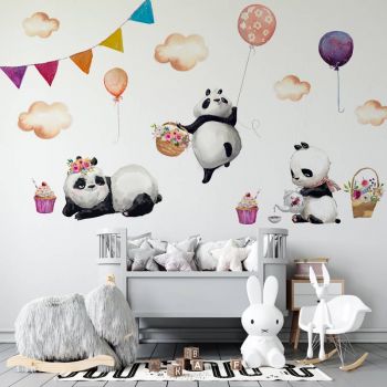 Autocolant de perete ursi panda si baloane