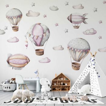 Autocolant de perete baloane si dirijabile roz pentru fete