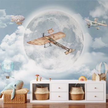 Foto Tapet Camera Copiilor Luna Stele Avione Baloane cu aer cald