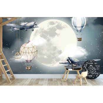 Foto Tapet Camera Copiilor Luna Stele Avione Baloane cu aer cald