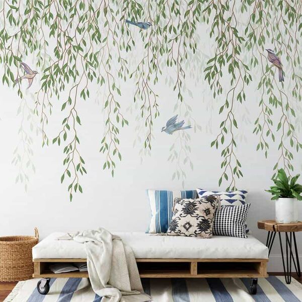 Tapet frunze si pasari - abstract