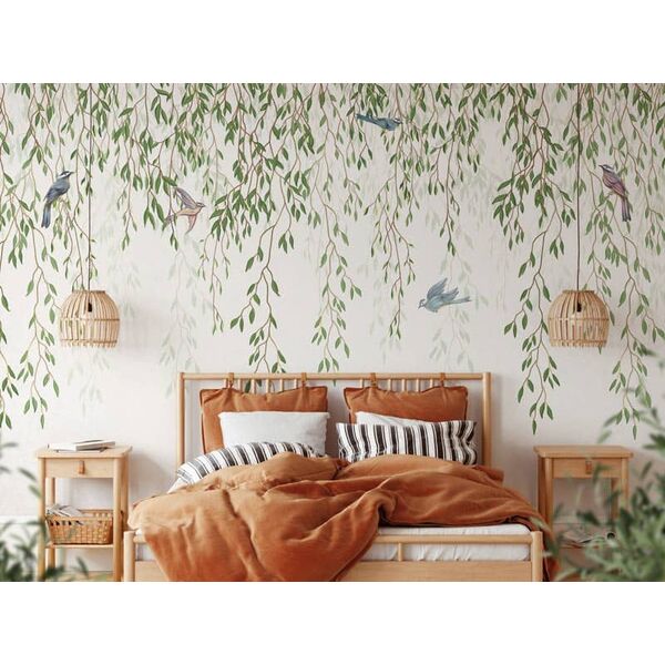 Tapet frunze si pasari - abstract