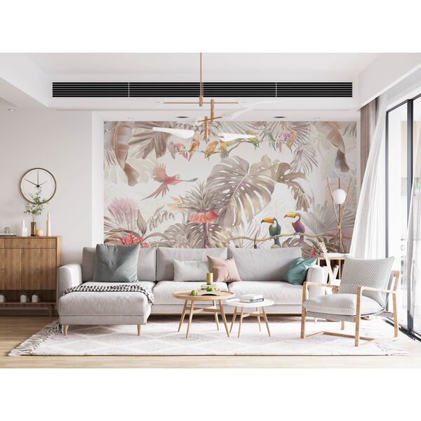 Tapet frunze exotice si papagali in tonuri pastelate