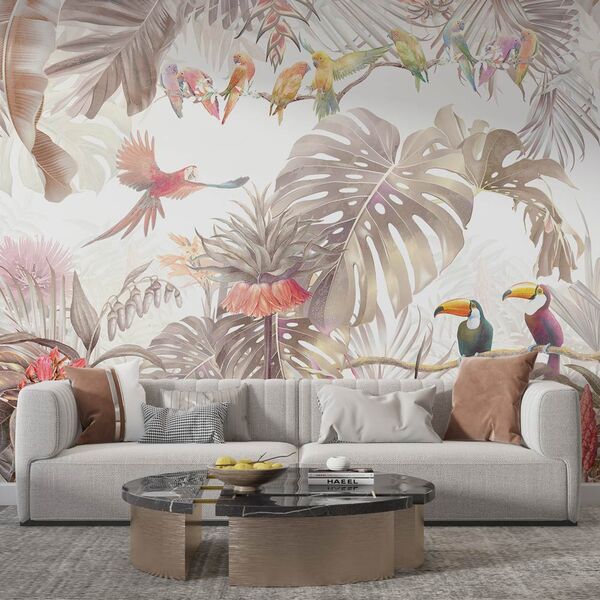 Tapet frunze exotice si papagali in tonuri pastelate